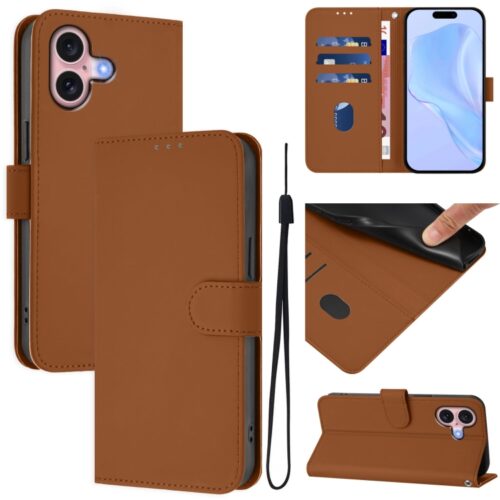 Skin Feel Solid Color Leather Phone Case with Lanyard, For iPhone 16, For iPhone 15 Pro Max