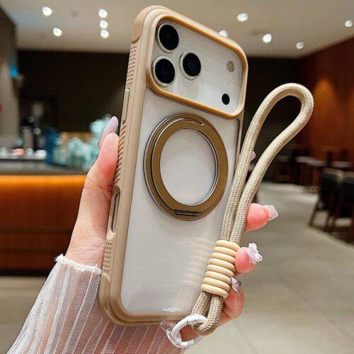 Solid Color Edge Transparency Rotation Holder MagSafe Phone Case with Wrist Strap, For iPhone 17 Pro Max, For iPhone 17 Pro, For iPhone 17, For iPhone Air, For iPhone 16 Pro Max, For iPhone 16 Pro