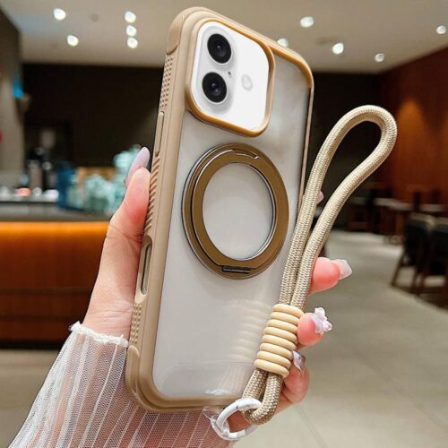Solid Color Edge Transparency Rotation Holder MagSafe Phone Case with Wrist Strap, For iPhone 16 Plus, For iPhone 16, For iPhone 15 Pro Max, For iPhone 15 Pro, For iPhone 14 Plus / 15 Plus, For iPhone 15 / 14 / 13