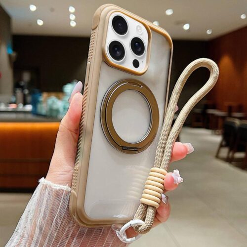 Solid Color Edge Transparency Rotation Holder MagSafe Phone Case with Wrist Strap, For iPhone 14 Pro / 13 Pro, For iPhone 14 Pro Max, For iPhone 13 Pro Max / 12 Pro Max, For iPhone 12 / 12 Pro