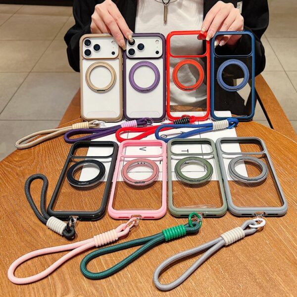 Solid Color Edge Transparency Rotation Holder MagSafe Phone Case with Wrist Strap, For iPhone 14 Pro / 13 Pro, For iPhone 14 Pro Max, For iPhone 13 Pro Max / 12 Pro Max, For iPhone 12 / 12 Pro