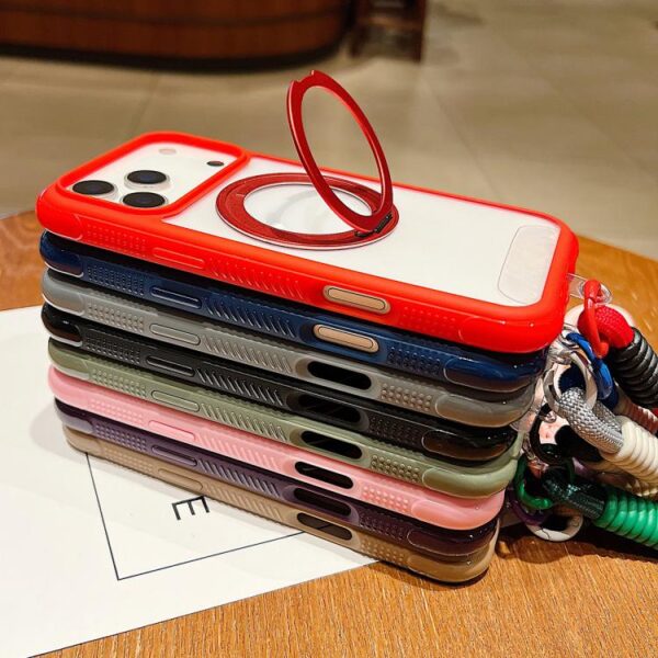 Solid Color Edge Transparency Rotation Holder MagSafe Phone Case with Wrist Strap, For iPhone 14 Pro / 13 Pro, For iPhone 14 Pro Max, For iPhone 13 Pro Max / 12 Pro Max, For iPhone 12 / 12 Pro