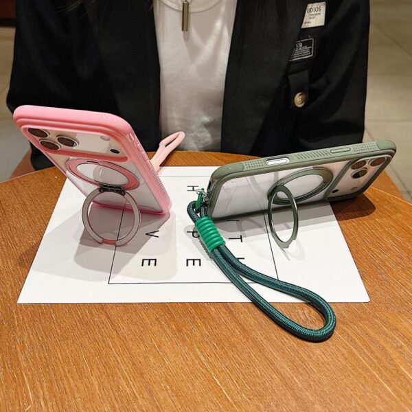 Solid Color Edge Transparency Rotation Holder MagSafe Phone Case with Wrist Strap, For iPhone 14 Pro / 13 Pro, For iPhone 14 Pro Max, For iPhone 13 Pro Max / 12 Pro Max, For iPhone 12 / 12 Pro