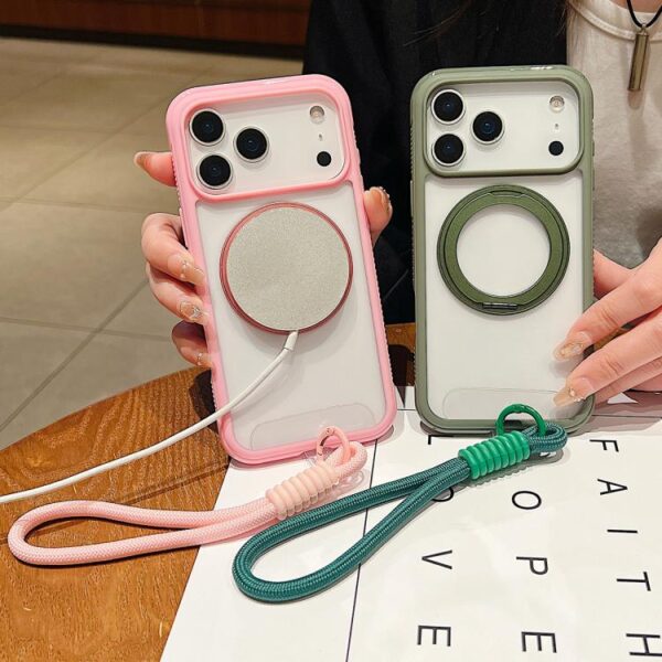 Solid Color Edge Transparency Rotation Holder MagSafe Phone Case with Wrist Strap, For iPhone 14 Pro / 13 Pro, For iPhone 14 Pro Max, For iPhone 13 Pro Max / 12 Pro Max, For iPhone 12 / 12 Pro